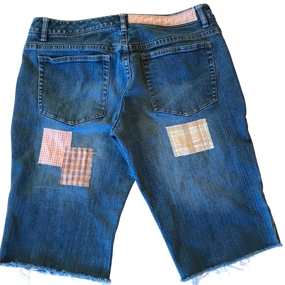 Boho Patchwork Cutoffs, M: Upcycled Denim Cut-Off Shorts, Orange Brown Plaid - Picture 3 of 9